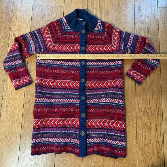 St Johns Bay Fair Isle Long Line Cardigan SZ M Red Blue Tan Cozy Warm Winter - Picture 8 of 11